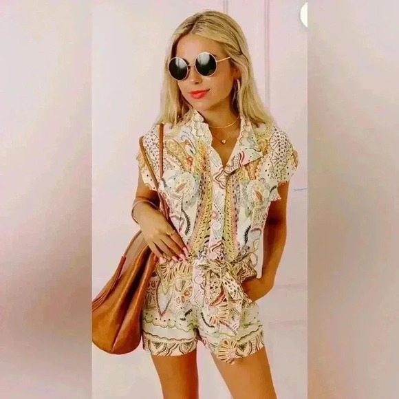 NWT Stile_Perlei linen/cotton blend, cream paisley patterned romper; size S - Picture 1 of 13